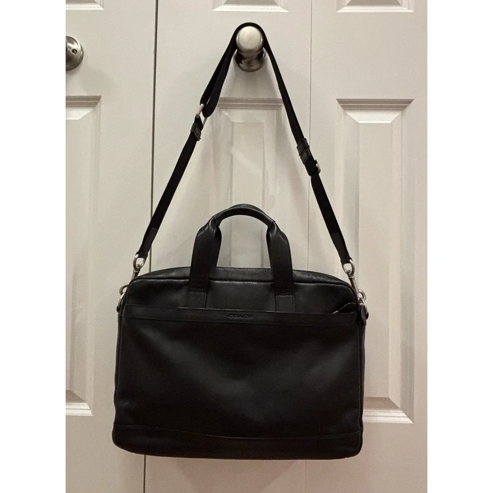 Coach Hudson Slim Briefcase Black Leather Laptop Bag Mens F71561 Crossbody Strap